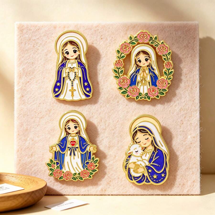 Virgin Mary Enamel Pin Set, Cute Cartoon Religious Lapel Brooches, Christian Faith Badge For Backpack Jacket Hat, Lovely Jewelry Gift For Believers