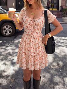 Women's Summer Lightweight White Ditsy Floral Short Dress, Puff Short Sleeve Layered Flowy Dress, Suitable For Coffee Shop And Daily Outings - Apricot - View 7