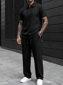 Kemeja Polo Rajut Jacquard Motif Telinga Gandum Hitam Murni dengan Kerah Setengah Resleting dan Celana Panjang Lurus dengan Tali Serut, Setelan Kasual Pria 2 Potong - Hitam - View 1