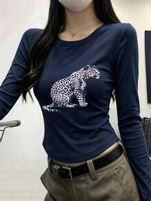 Women's Round Neck Long Sleeve T-Shirt, Spring/Autumn New Leopard Print, American Fashion Slim Fit Versatile Crop Top - Navy - View 7