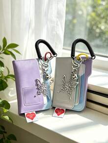 Card Holder Keychain Multi-Slot Card Holder, Spring Rope Strap With Hollow Metal Butterfly & Heart Pendant, Colorblock Layered Card Sleeve; Suitable For Students, Office Workers, Can Store Campus Card, Access Card, Daily Commute, Campus Travel, Valentine's Day, Birthday Gift, Sweet Cool Y2K Style Portable Storage, Creative Small Gift For Best Friends - Multicolor - View 7