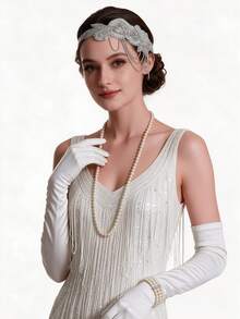 1Pc 1920s Flapper Headband Rhinestone Roaring 20s Great Gatsby Elastic Band Headpiece Themed Party Hair Accessories - White - View 6