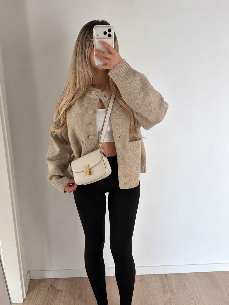 Women's New Fall Winter Knit Cardigan, Casual Crew Neck Long Sleeve Button Front Sweater Coat, Solid Apricot Ribbed Knitwear For Daily & Commute - Yan - View 1