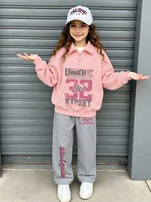 2pcs/Set Girls Casual Half-Zip Polo Collar Sweatshirt With 32 And Letter Print, Paired With Simple Wide Leg Pants, Autumn/Winter New Girls Outfit - Pink - View 4