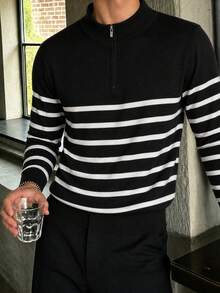 Men's Colorblock Casual Versatile Daily Wear Long Sleeve Polo Shirt - Black - View 3