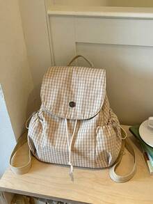 Cream Checked Gingham Print Rucksack, Drawstring Flap Design Large Capacity, For School Daily Travel, Round Metal Buckle Casual Bookbag - Multicolor - View 8