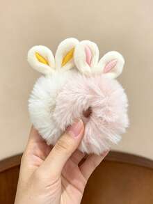 3pcs Random Style Women's Macaron Color Plush Rabbit Ear Scrunchies, Soft Faux Rabbit Fur 3D Rabbit Ears, Cute Girl Autumn/Winter Hair Tie Hair Accessory - Multicolor - View 2