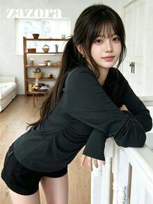 Kaos Dalaman/Kaos Luar Wanita Model Korea Slim Fit Elastis untuk Memperlangsingkan Tubuh, Awal Musim Gugur - Grey - View 4