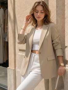 Women's Solid Color Notch Lapel Blazer Jacket With Pockets, Long Sleeve Front Button Office Jacket, Business Casual Outerwear, Suitable For Work, Home, Spring, Autumn, Winter, All Seasons - Oatmeal Color - View 1