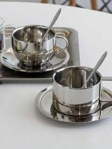 1pc Vintage Stainless Steel Coffee Cup & Saucer Set, Suitable For Exquisite Styling, Vlog Shooting And Afternoon Tea - Silver - View 8