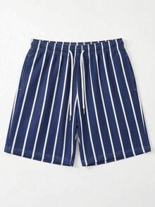 Men's Summer Crew Neck T-Shirt And Striped Shorts Loungewear Set - Navy Blue - View 8