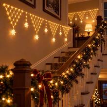 1pc 605cm/238.19in Snowflake Triangle Net LED Christmas Lights, Plastic Hanging Light String With Snowflake Pendant, USB Powered 8 Modes, Warm White/Colorful/White, Suitable For Fireplace, Stair Railing, Window, Porch, Christmas Home Decor - Snowflake - View 5