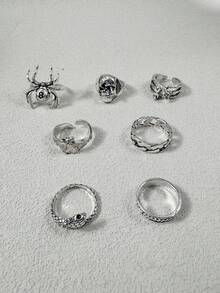 7pcs/Set Fashionable Hip-Hop Style Spider Snake Geometric Multi-Combination Ring Set, Suitable For Women's Daily Street Wear, Party Gathering Jewelry Gift - 33623-ring-s - View 7
