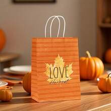 Autumn Harvest Maple Leaf & Pumpkin Print Kraft Paper Gift Bags, Random Style, Thanksgiving Party Favor Packaging, Classroom Party & Holiday Souvenir Bags, Maple Leaf Design Paper Gift Wrap For Table Decor And Guest Favors - Multicolor - View 7