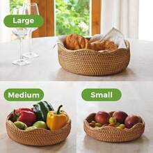 Handwoven Brown Round Rattan Storage Basket, Multi-Size UFO Shaped Fruit Bowl, Washable Desktop Organizer For Living Room, Kitchen, Office, Party Table Serving Tray For Candy, Snacks, Coffee & Bread, Jewelry, Stationery & Cosmetics, Christmas Gift - Yellow - View 4