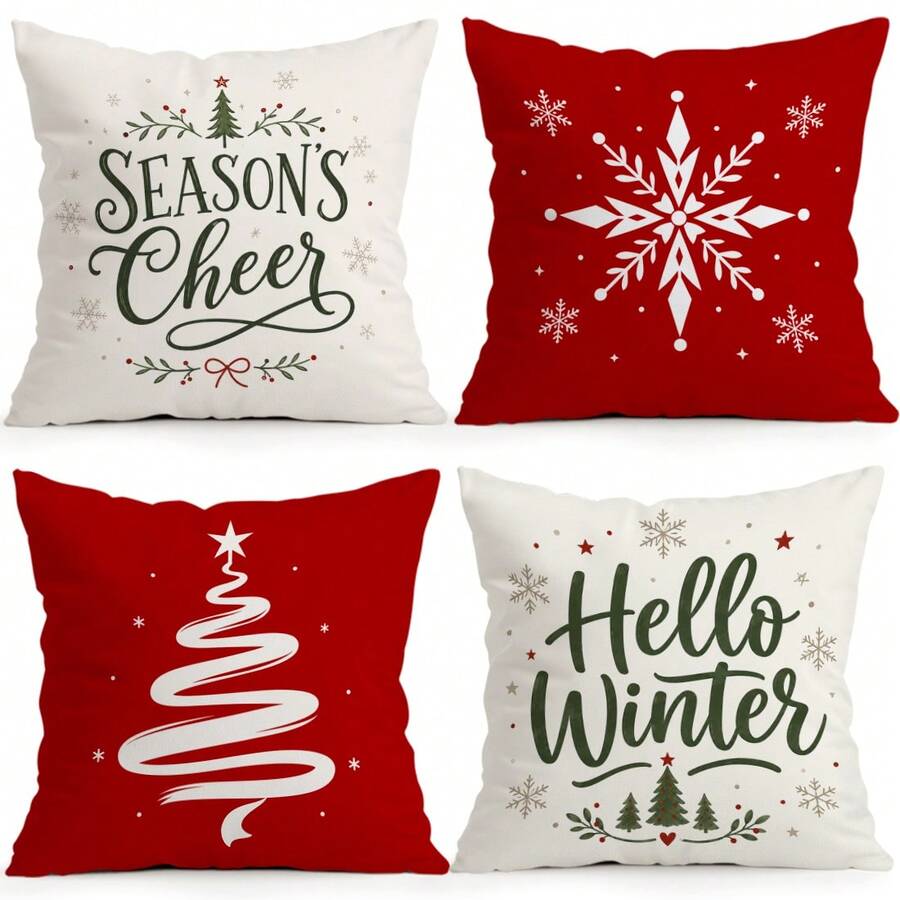 4pcs/1pc Minimalist Red Background Christmas Text Pattern Pillow Case, Single-Sided Printed Pillow Case, Suitable For Living Room Bedroom Home Decor, All Season Pillow Case - Multicolor - View 1