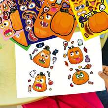 8 Sheets Halloween Make Your Own Pumpkin Stickers, Mix & Match Funny Face Pumpkin Stickers, DIY Halloween Pumpkin Decor Stickers, Kids Craft Stickers For Holiday Party Game Rewards - Multicolor - View 8