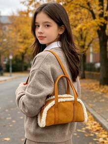 1pc Maillard Vintage Style Lamb Wool Patchwork Handbag, Adjustable Shoulder Strap Crossbody Small Bag, Lightweight Shoulder Bag. Suitable For Girls/Children/Students, Perfect For Autumn Outings, Shopping, Daily Commute. - Multicolor - View 5