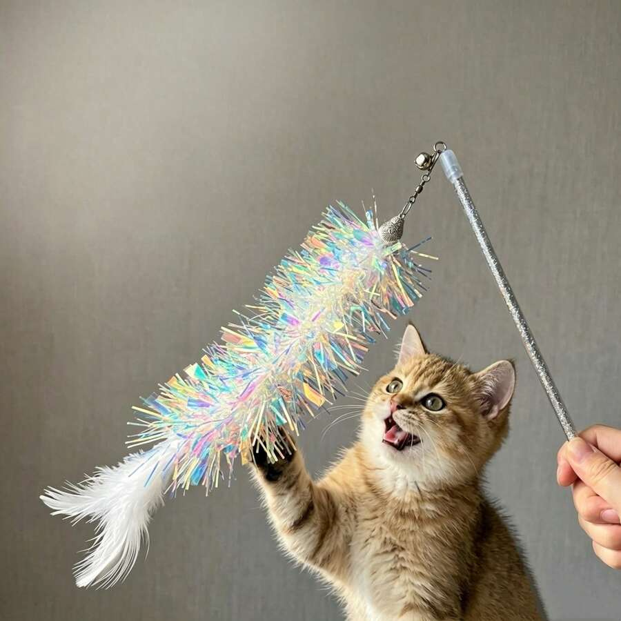 1pc Iridescent Laser Rain-Like Cat Teaser Wand, Extra Long Handle With Bell, Durable Chew Toy For Cat Interaction, Stimulates Hunting Instinct - View 1