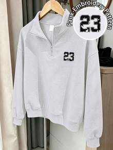 2pcs Girls Outfit Set, Includes Half-Zip Polo Sweatshirt (Embroidered 23 Number) And Loose Wide Leg Pants, Casual Style Autumn/Winter Set - Light Grey - View 4