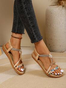 Women's Beige Vintage Suede T-Strap Back Strap Elastic Flat Sandals - Beige - View 5