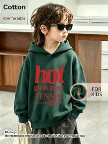 Girls' Cute Long Sleeve Hoodie With Hot Girls Play Tennis Letter & Racket Graphic Print Casual Drawstring Pullover For Kids - Dark Green - View 3
