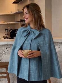 Women's Sleeveless Woven Cape-Style Short Jacket, Regular Length, Decorated With Bows, Perfect Choice For Guest Attire - Blue - View 4