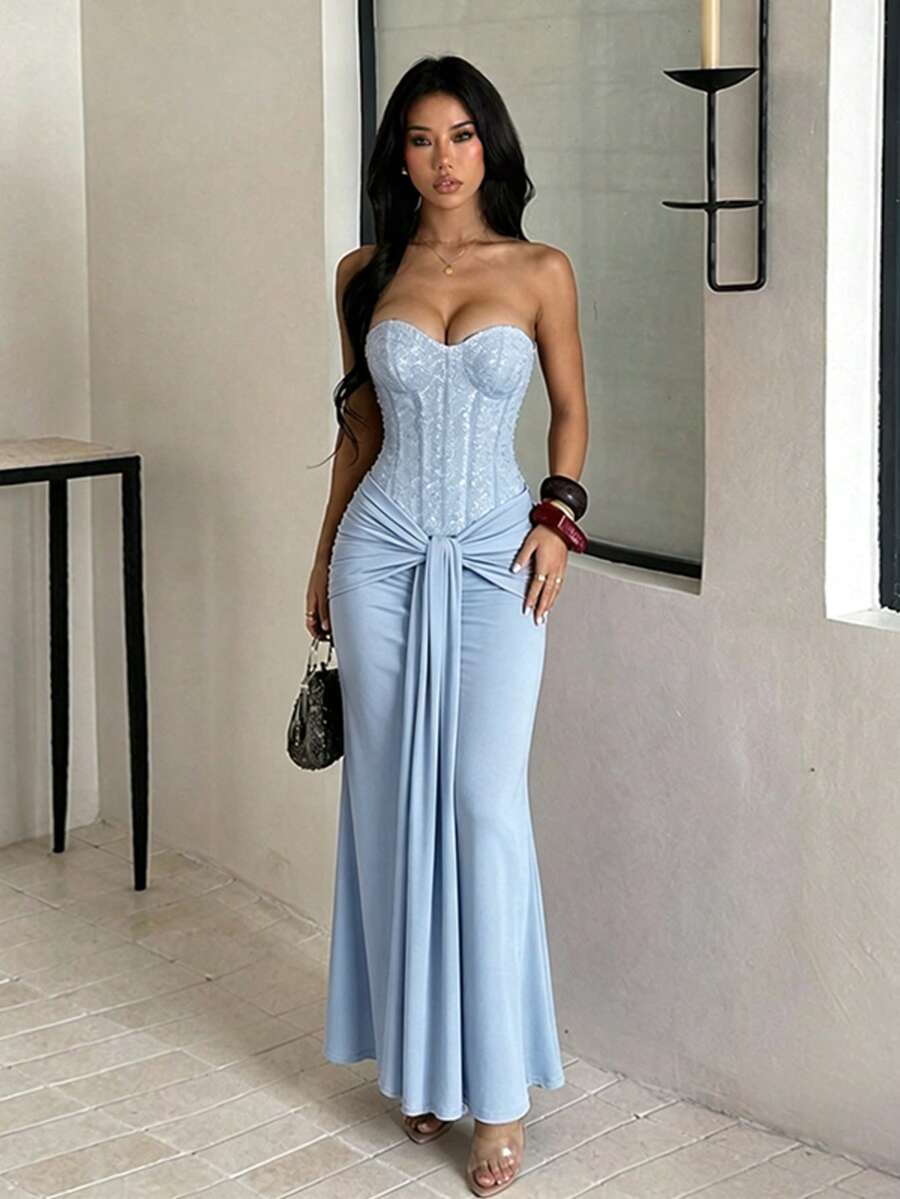 Summer Party Elegant Dress, Strapless Twisted Waist Beach Dress, Luxury Evening Gown, Suitable For Wedding, Homecoming, Birthday, Vacation - Baby Blue - View 1