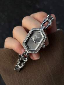1PC Women Silver Tone U Shaped Crystal Link Quartz Bracelet Watch With Faceted Gray Polygon Dial Rhinestone Bezel Vintage Luxury Gift - Silver - View 2