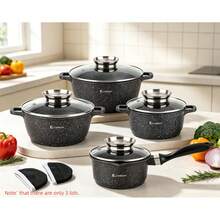 Elitehoff 9-Piece Nonstick Cookware Set, Marble-Effect Pots & Saucepan, 3 Glass Lids, Induction Compatible, 16–24 Cm, Black Or Grey - View 3