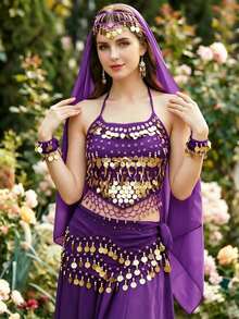 Coin Dangle Forehead Headscarf + Wrist Cuffs + Chest Ornament + Hip Decor, Multi-Scenario Body Decor For Belly Dance Halloween Cosplay Desert Travel Theme Party (Multiple Colors Available) - Multicolor - View 20
