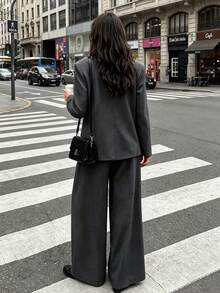 Women's Autumn/Winter Fashion Commute Lined Double-Breasted Padded Shoulder Loose Long Sleeve Blazer & Pleated Wide Leg Pants Set - Dark Grey - View 2