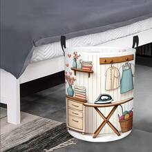 Foldable Laundry Basket, Cartoon Laundry Room Iron And Clothes Printed Storage Box, Round Dirty Clothes Hamper For Bathroom And Bedroom Home Decor - White Washing Machine - View 4