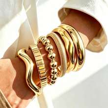 imoli 6pcs/Set Vintage Stackable Asymmetrical Geometric Wave Metal CCB Round Bangle Bracelet Set, Suitable For Women's Daily Wear And Layering Jewelry - Gold - View 11