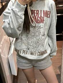 Women's Crew Neck Sweatshirt, Autumn/Winter New Graphic Pattern & Letter Print, Casual Versatile Loose Fit Top, Fashionable Everyday Wear - Dark Gray - View 2