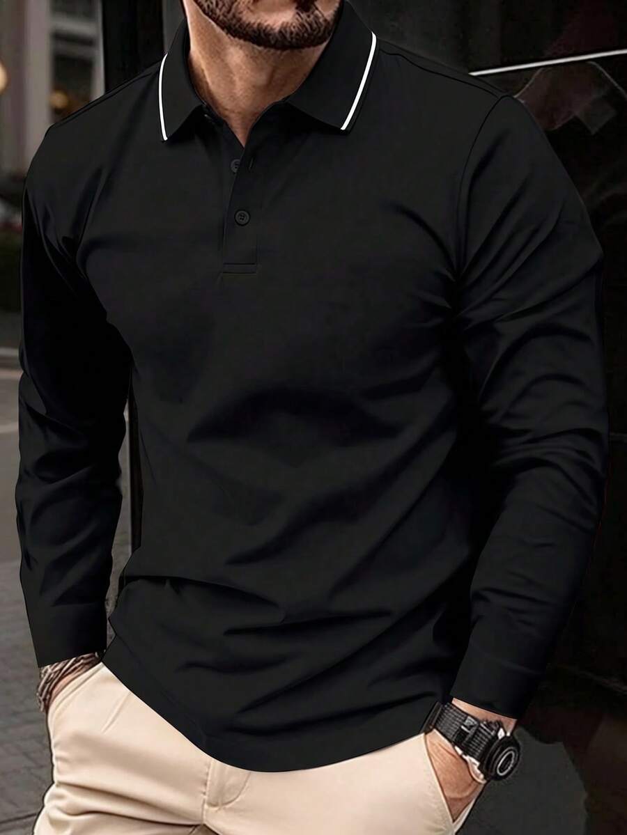 Men's Long Sleeve Golf Polo Shirt, Collared Long Sleeve T-Shirt For Spring And Autumn, Light Business Casual, Suitable For Commuting And Work Wear Men's Top - Black - View 1