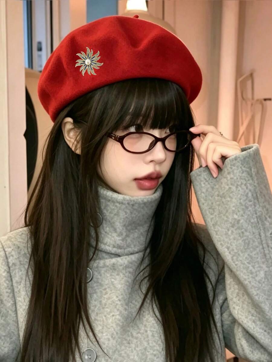 1件時尚經典保暖純色貝雷帽,附可拆卸旋轉向日葵飾品,極簡主義畫家帽 - 紅色 - 查看 1