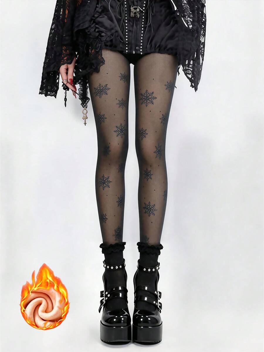 1PC Women's Fleece‑Lined Snowflake Pattern Leggings, Medium‑Stretch Long Gothic‑Style Tights, Warm Winter & Autumn Pantyhose - Multicolor - View 1