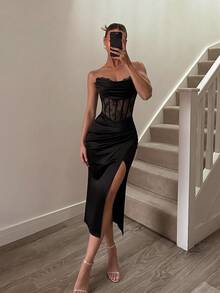 ADYCE Elegant Tube Top Waisted Backless Bodycon Tie-Back Lace Fishbone High-Slit Midi Prom Gown Homecoming Wedding Guest Ball Birthday Party Christmas Black - Black - View 3