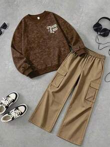 2pcs/Set Boys Outfit, Letter Print Crew Neck Sweatshirt With Pocket Casual Cargo Pants, New Autumn/Winter Comfortable Boys Set - Brown - View 3