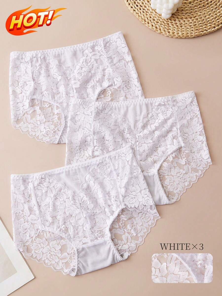 3PCS Sexy Lace Women's Panties, Fashionable Women's Triangle Panties, Comfortable Casual Women's Panties, Home & Date Wear Women's Boxer Briefs, Elegant Soft Women's Panties, White All-Season Wear Women's Triangle Panties - White - View 1