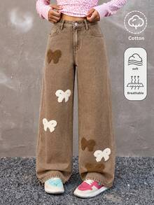 Girls' Bowknot Wide Leg Loose Denim Jeans, Embroidered Straight Leg Denim Pants, Y2K Style, Autumn/Winter New, Suitable For Outings, Dates, Shopping And Various Occasions - Brown - View 1