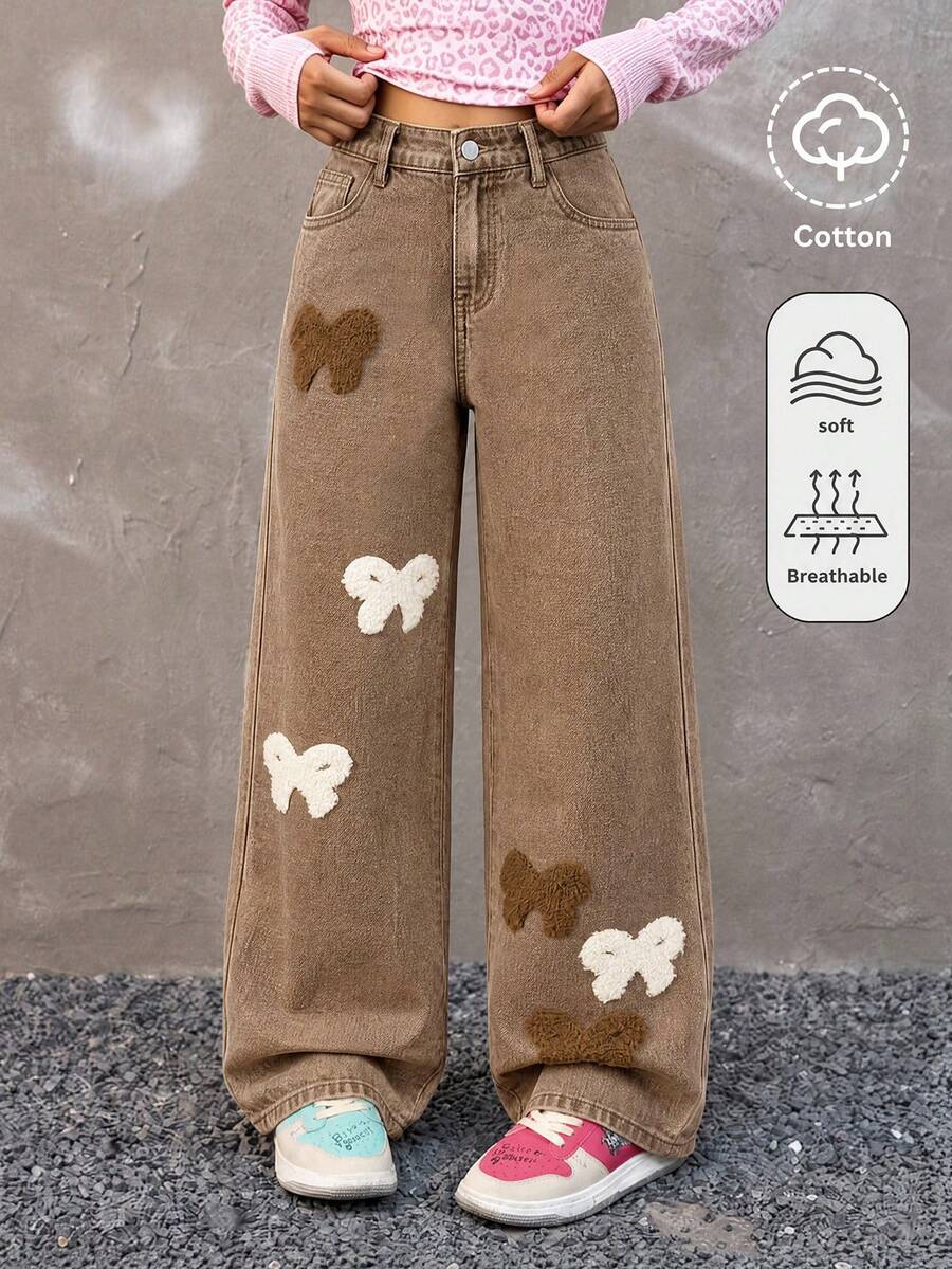 Girls' Bowknot Wide Leg Loose Denim Jeans, Embroidered Straight Leg Denim Pants, Y2K Style, Autumn/Winter New, Suitable For Outings, Dates, Shopping And Various Occasions - Brown - View 1