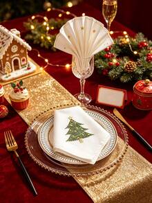 1pc/2pcs/4pcs 100% Polyester Christmas Tree Embroidered Cloth Napkin, White Square Dinner Napkin With Gold Star Embroidery, Holiday Table Decor For Christmas Party Home Dining - Multicolor - View 6