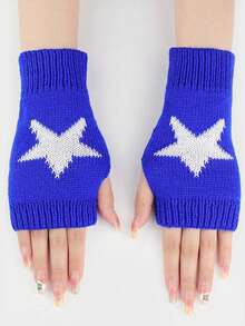 1pc Knitted Knitted Star Jacquard Half Finger Gloves, Autumn/Winter Warm Contrast Color Fingerless Hand Socks Sleeve Covers, Unisex - B - View 16