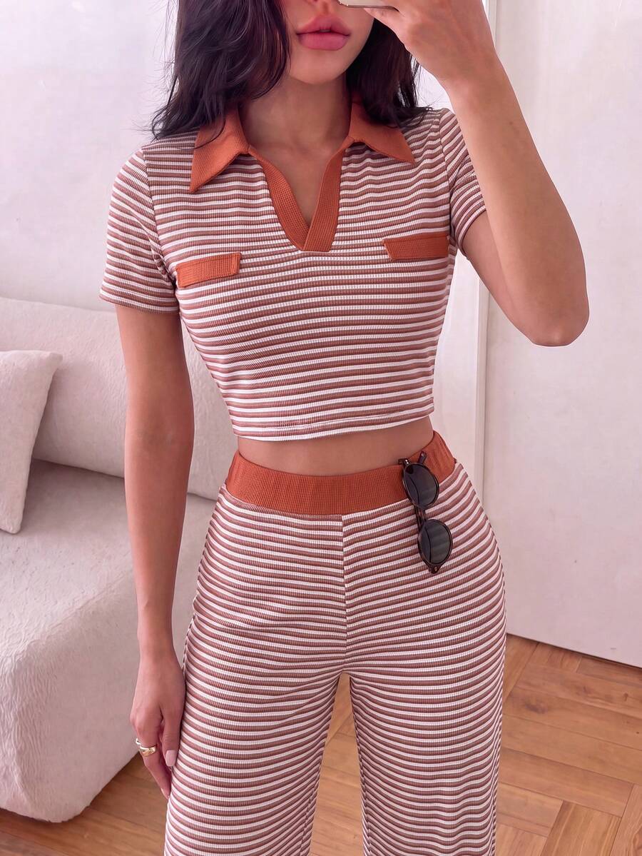 Casual Autumn Women's Striped 2 Pieces Set, Short Sleeve Shirt Collar Crop Top With Matching Wide Leg Pants, Slightly Stretchy Fabric - Burnt Orange - View 1