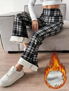 Women's Winter Warm Thickened Leggings, Fleece Lined, Elastic Soft, High Waist Flare Pants, Suitable For Cold Weather - Black and White - View 5