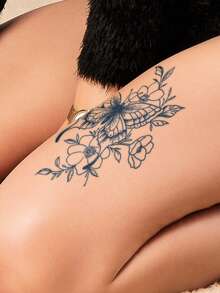 1pc Herbal Juice Semi-Permanent Magic Tattoo Sticker, Personalized Butterfly & Floral Pattern, Long-Lasting 14 Days, Non-Fading, Non-Reflective, Temporary Tattoo For Arm, Waist, Belly, Back, Leg, Body - Blue - View 5