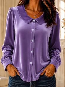 Plus Size Velvet Peter Pan Collar Blouse Women Vintage Button-Down Puff Long Sleeve Autumn/Winter Top Solid Color Front Button Daily Wear - Lilac Purple - View 4