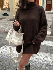 Unadoll Women's Brown High Neck Knitted Sweater, Elegant Basic Style, Suitable For Back To School Season And Daily Wear - Brown - View 2
